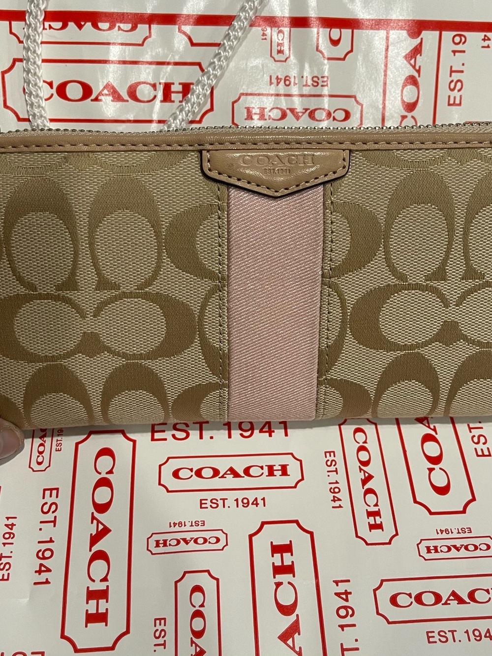 Coach Beige Signature Canvas Zip Around Wristlet w/ Pink Center Stripe
